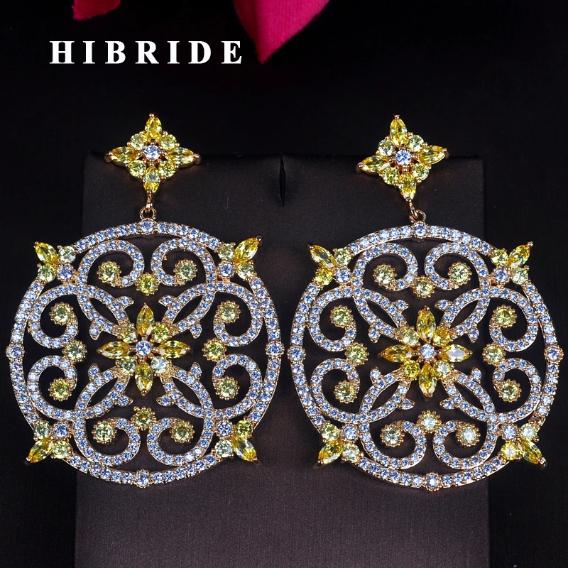 

HIBRIDE Luxury Flower Shape Gold Color Cubic Zirocnia Pendientes Earrings For Women Fashion Earring Boucle d'oreille E-714