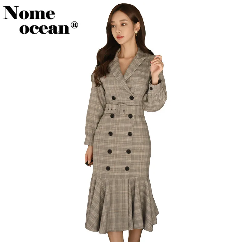 Women OL Slim Blazer Dress Female Notched Long Sleeve Plaid Business Double Breasted Belted Midi of Girl M19021709 | Женская одежда