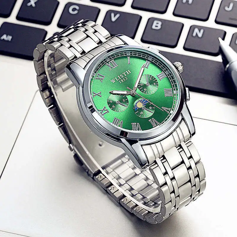 Steel green-1 WLISTH мужские настольные спортивные светящиеся водонепроницаемые наручные часы для отдыха, мужские кожаные кварцевые часы Rolex_watch - Цвет: Steel green-1