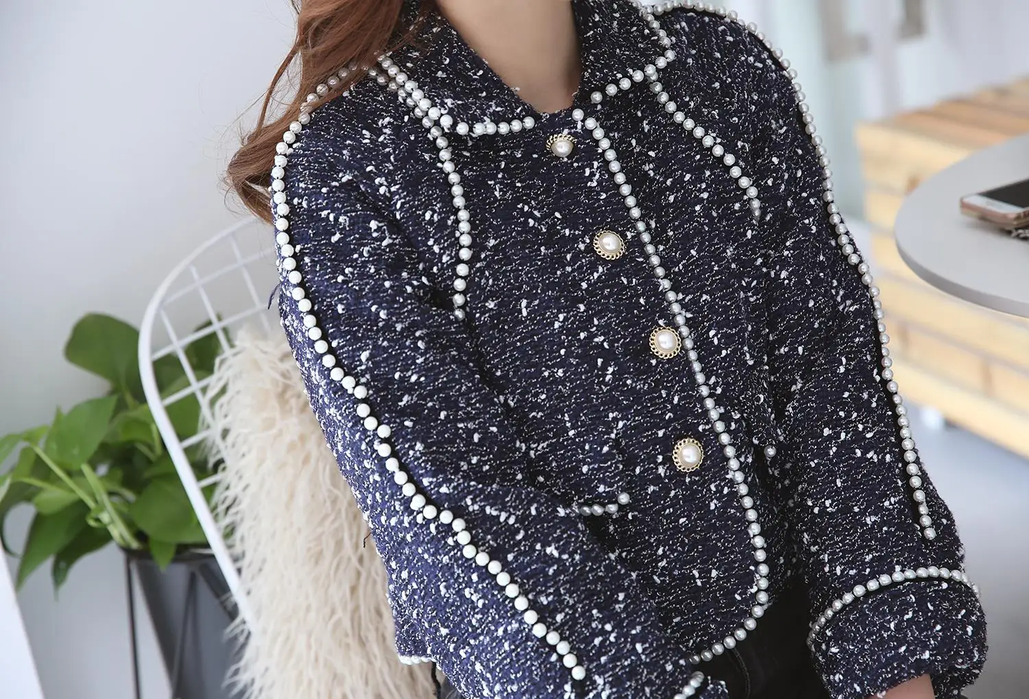 Высококачественный шерстяной костюм с бусинами и маленький твидовым жемчугом
