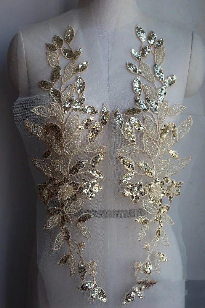 Champagne gold 1Pair Зеркальный цветок блестки бисером кружева Цветы аппликация патч свадебные ручной работы Diy декоративные кружева RS2369 - Цвет: Champagne gold 1Pair