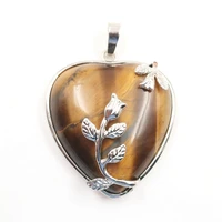 fyjs unique silver plated flower wrap romantic love heart pendant natural tiger eye stone jewelry