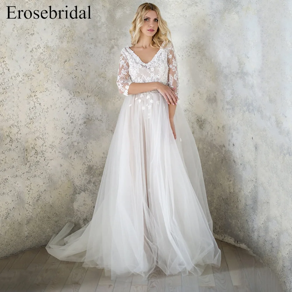 Erosebridal простое свадебное платье 2019 дизайн ТРАПЕЦИЕВИДНОЕ пляжное рукав три
