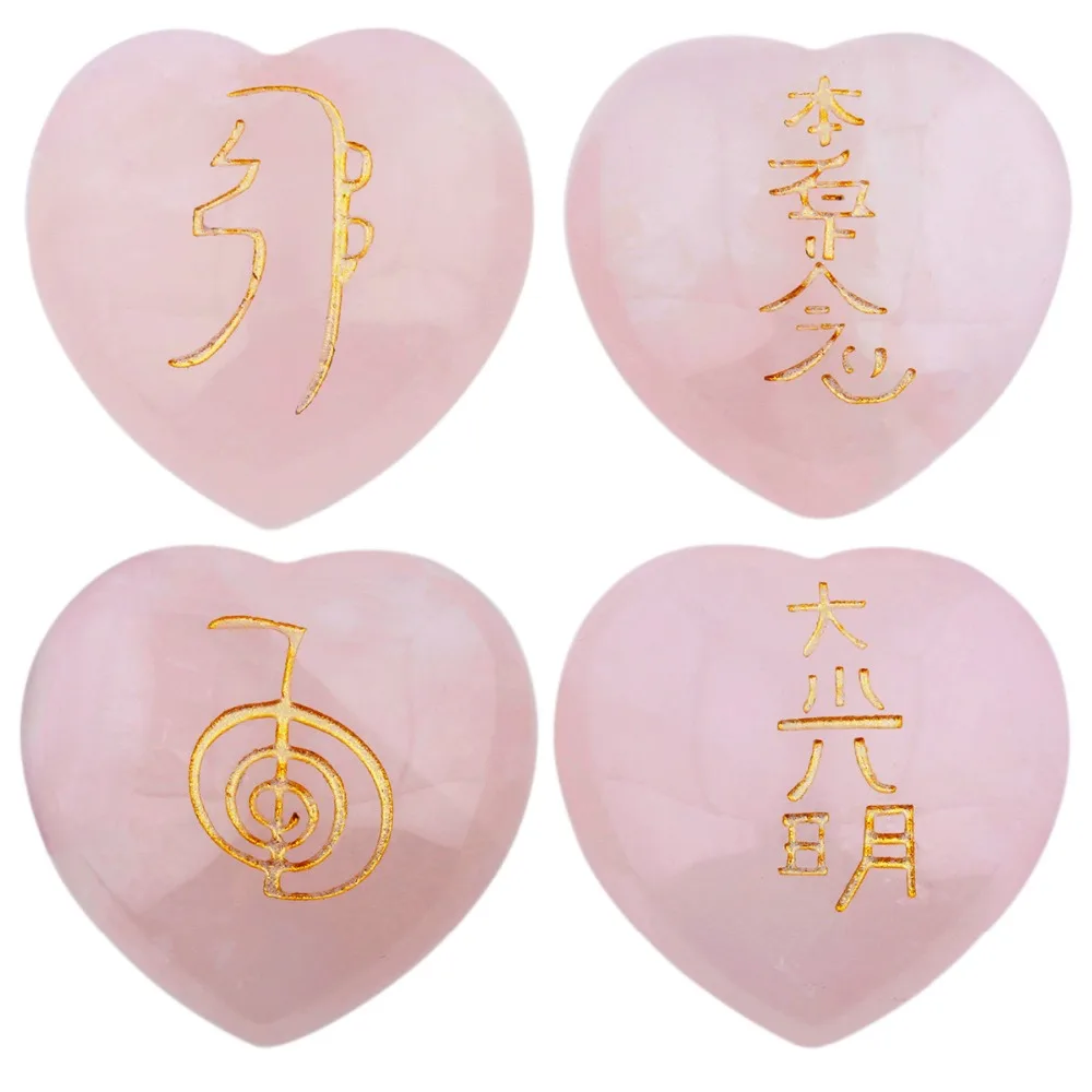 

TUMBEELLUWA 1Set (4Pc) Natural Rose Quartz Puff Heart Engraved Stone,Palm Usui Stone Healing Crystal Chakra Reiki Symbols