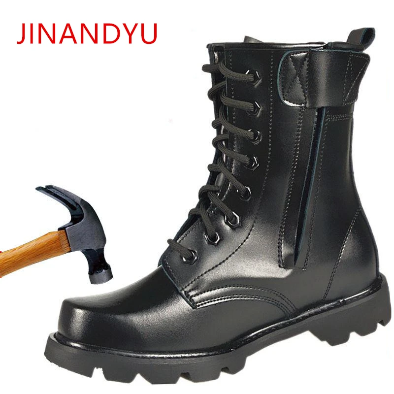 

Steel Toe Men Military Boots Leather Safety Shoes for Men Spring Fashion Lace Up Black Ankle Platform Motorcycle Boots