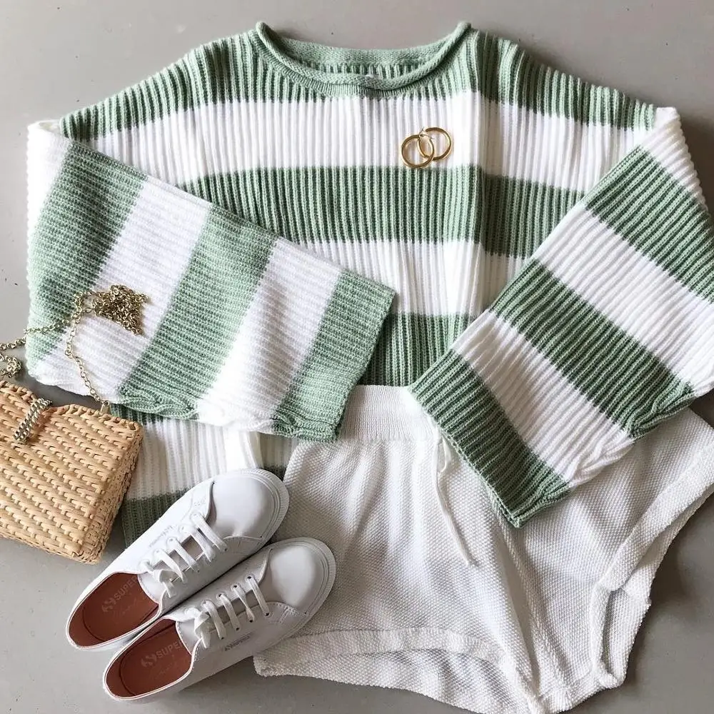 Fitshinling Striped Loose Ladies Sweater Pullover 2021 Autumn Winter New Arrival Green Jumpers Knit Sweaters Women Pull Femme | Женская