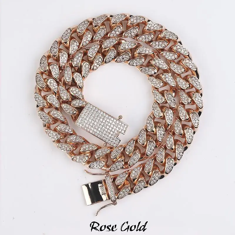 Rose Gold 14 мм хип-хоп Мужская кубинская цепочка Maimi серебряное золотое ожерелье с кубическим цирконием, ювелирное ожерелье, подарки - Окраска металла: Rose Gold