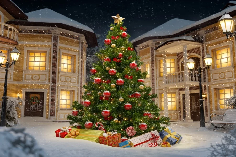 Laeacco City House Yard Рождественская елка снежные Сумерки фоны для фотосъемки