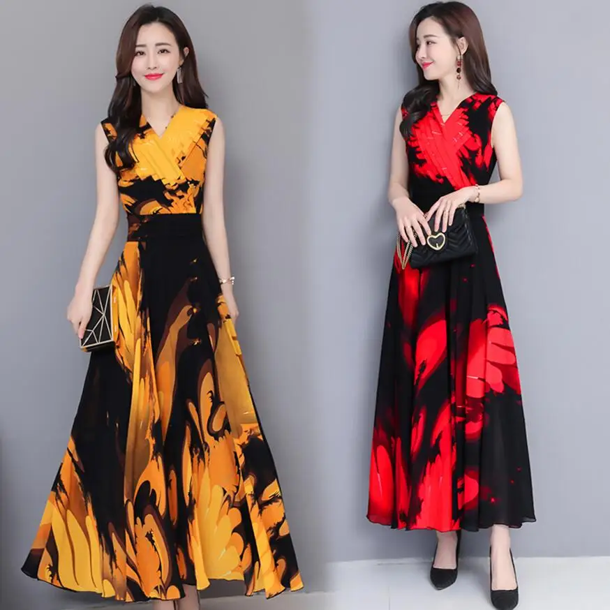 

2019 Free Shipping Bohemia Dress Chiffon Summer Collar Slim Long Plus Size Dress V-neck Boho Dress Fashion print Beach Dress