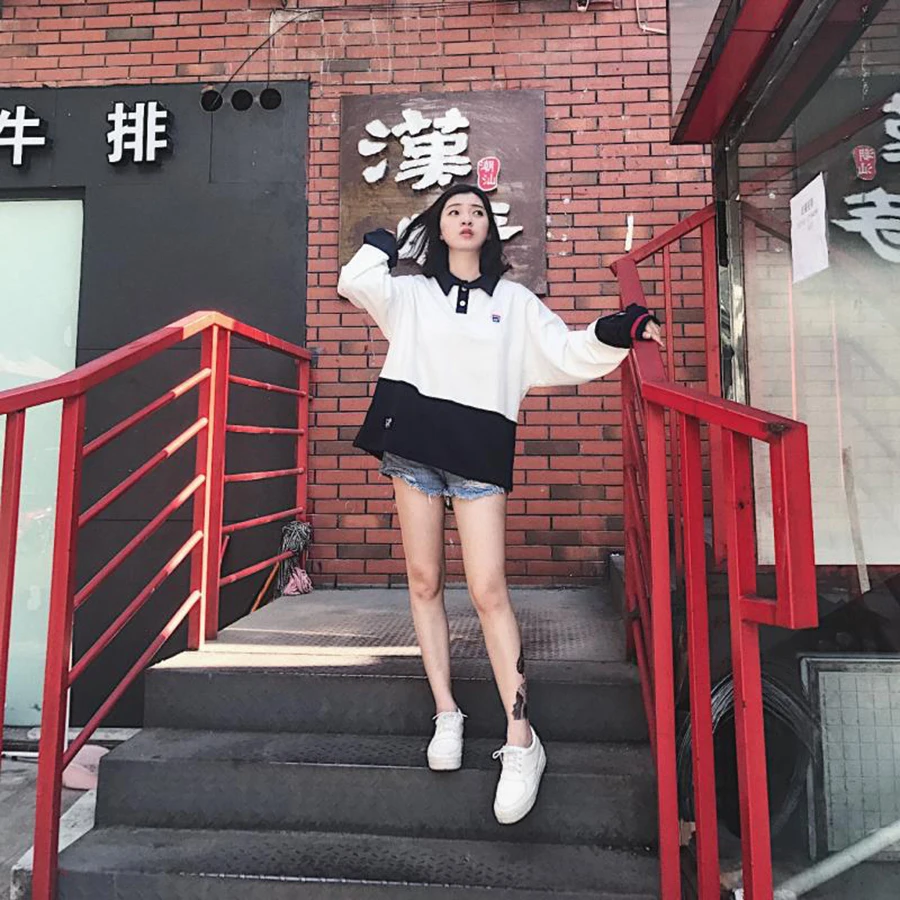 Harajuku Повседневный пуловер в стиле пэчворк Женская Толстовка Корейском уличная
