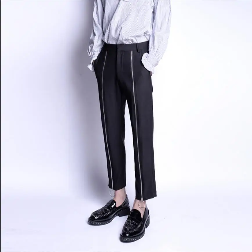 M-3xl New Men's Hair Stylist Pants Korean Version Of The Feet Nine Points Trousers Men Zipper Decoration Western Trousers Singer