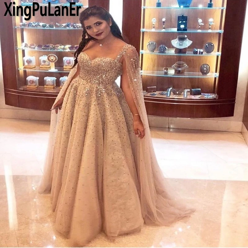 2018 Custom Made Long Luxury Crystal Beaded Dubai Prom Dresses Champagne Saudi Arabic Evening Dress Party Gowns Plus Size