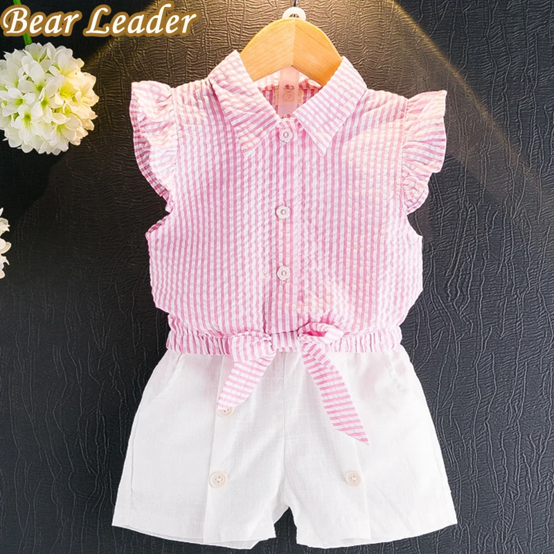 Bear leader/комплекты одежды для девочек г. Летние повседневные комплекты одежды для детей рубашка с рукавами-бабочками и отложным воротником+ шорты, комплект из 2 предметов