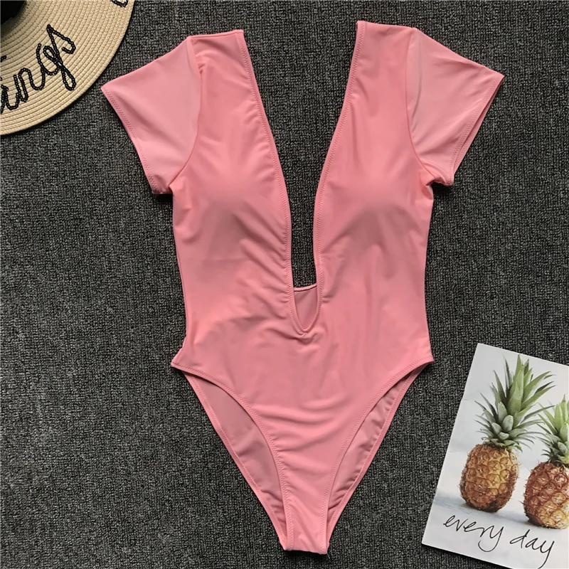 2019 Summer Beachwear One Piece Swimsuit Sexy Deep V-neck Swimwear Women Backless Short Sleeve Solid Color Monokini Swim Suit | Спорт и