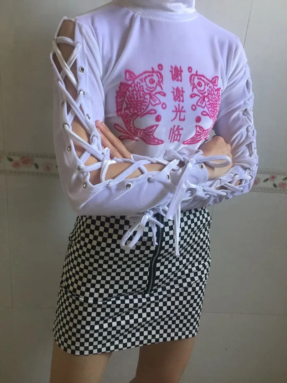 Кружевная ажурная водолазка Корейская рыба спасибо китайское письмо принт