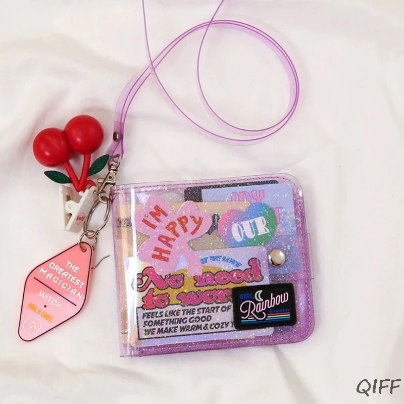 Transparent ID Card Holder PVC Folding Short Wallet Fashion Women Girl Glitter Business Cards Case Purse with Lanyard Sum