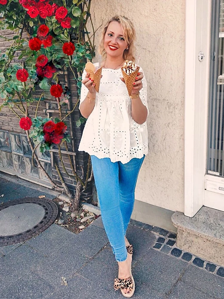 Dotfashion белая блузка с вырезами и зубчатым подолом для женщин Boho летняя повседневная одежда с коротким рукавом модные женские топы и блузки