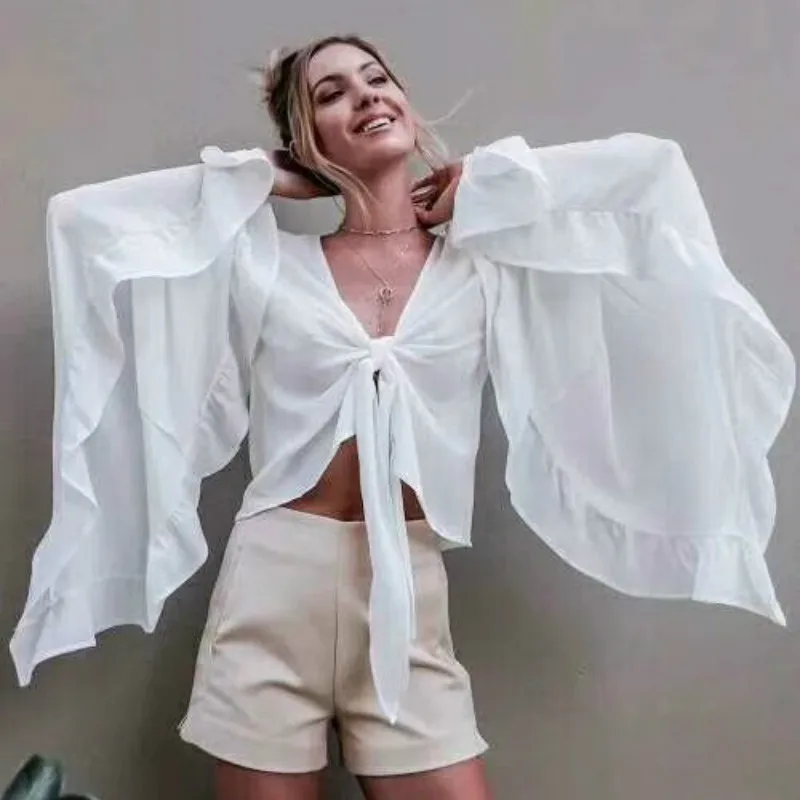 Блузка шифоновая с глубоким V образным вырезом и цветочным принтом|summer tops|blusa