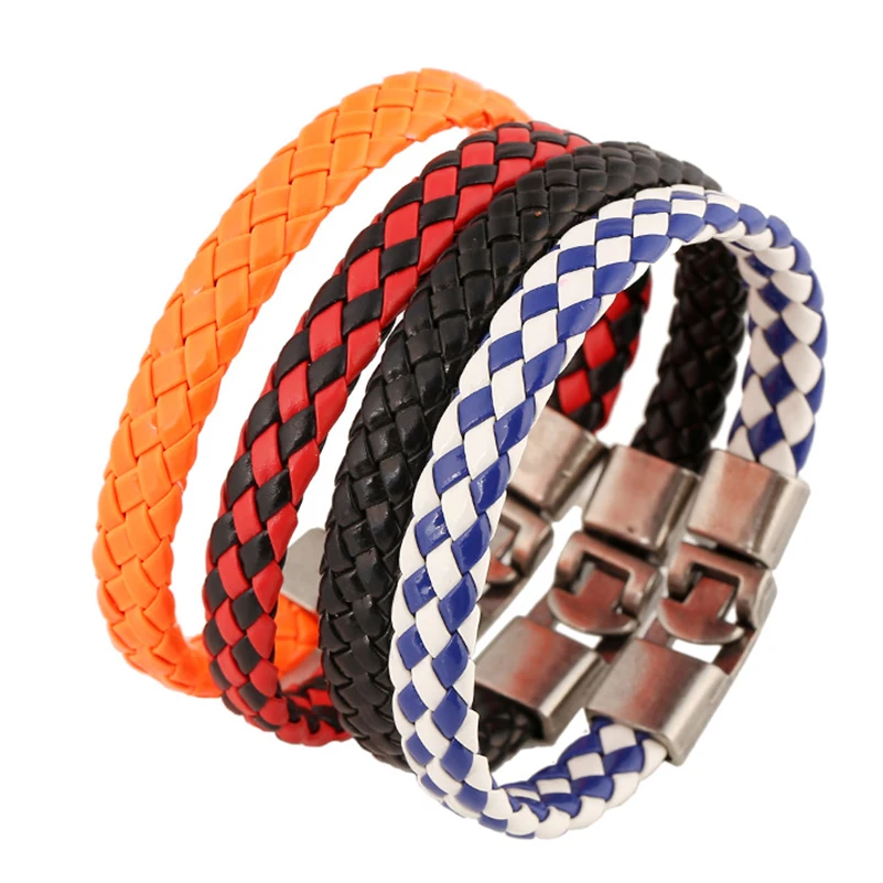 Handmade Boho Gypsy Hippie Metal Lobster Lock Black Red Orange Navy Blue White Leather Wrap Knots Braid Macrame Unisex Bracelet