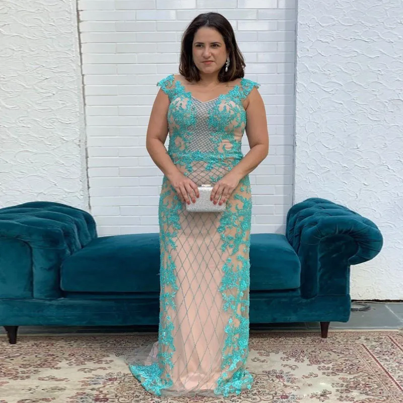 Trem da Varredura para Mulheres Mãe da Noiva Tamanho Grande Sereia Vestidos Neck Beading Apliques Vestido Formal Banquete Ocasião v