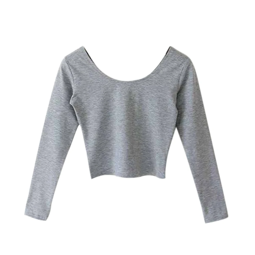 light gray Женский костюм с длинными рукавами, кроп-топы, круглый вырез, высокая талия, футболка, облегающие топы, NGD88 - Цвет: light gray