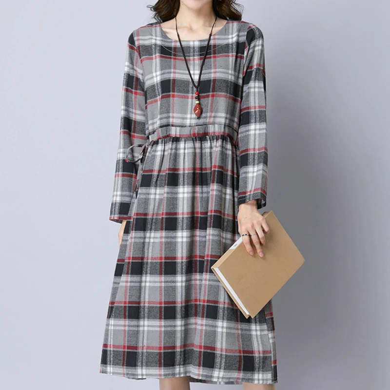 Streetwear Plaid Women Dress 2018 Autumn Fashion Loose Casual O Neck Long Sleeve High Elastic Waist Midi | Женская одежда