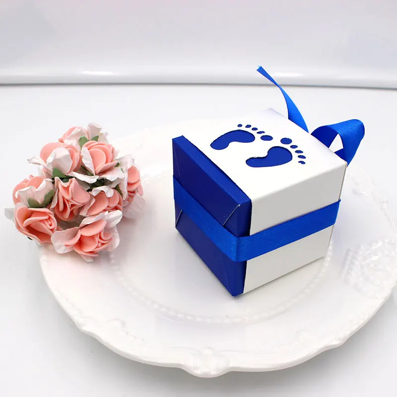 

50pcs/lot Baby Feet Paper Candy Box with Ribbon Kids Birthday Party Decoration Favors Gift Boxes Baby Shower Party Supplies