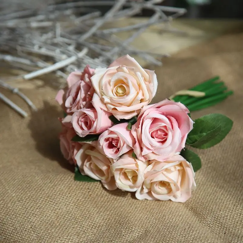 12pcs champagne pink 7/8/9/12 шт./лот Искусственные цветы розы свадебный букет год розовый Королевская роза из шелка с цветочным принтом украшения дома Свадебная вечеринка Декор - Цвет: 12pcs champagne pink