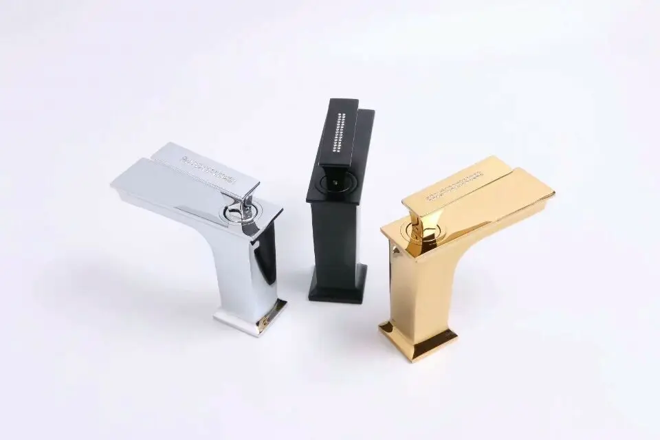 

GOLD PVD solid brass Bathroom Sink square Faucet modern mixer tap deck mounted Crystal handle Single hot and cold tap hole