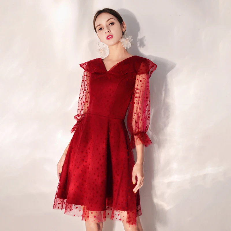 SSYfashion V-Neck 3/4 Sleeves Zipper Back Above Knee Mini Red Cocktail Dress Custom Party Prom Short Vestido De Coctel | Свадьбы и