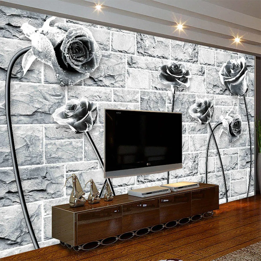

Cool Black White Rose on Brick Wallpaper Photo 3d Room Natural Wallpaper Mural Rolls for 3d Wall Livingroom Bedroom Wall Decor