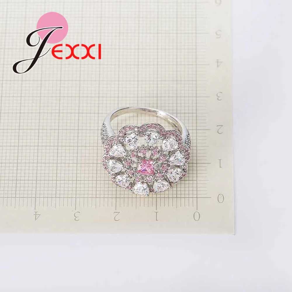 

Vintage Hollow Out White Pink Heart Crystal Party Ring For Lady Fashion Silver Women Wedding Engagement Rings Jewelry