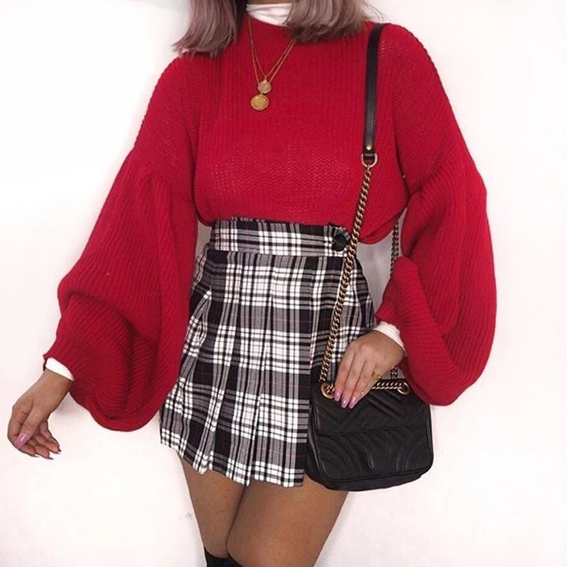 Erregina Women's Loose Long Lantern Sleeve Round Neck Fashion Pullover Autumn Winter Knitted Solid Sweater Tops Ladies | Женская