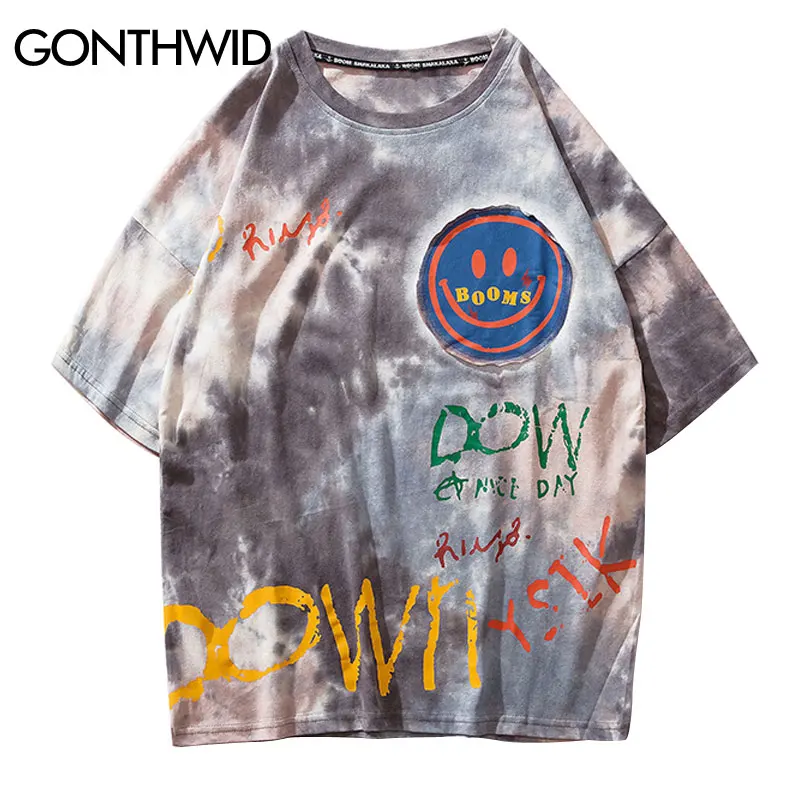 GONTHWID граффити с принтом смайлика Tie Dye футболки для повседневной носки Для мужчин
