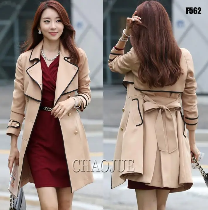 

Spring fashion belt medium-long trench coat for women overcoat clothing female casaco sobretudo feminino elegant beige S - 4XL