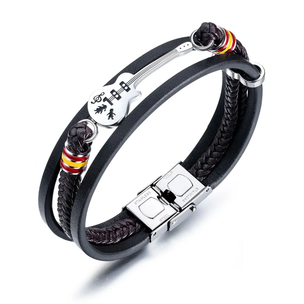 

Punk Multilayer Black Weaved Leather Bracelet Bangle For Men Stainless Steel Guitar Wristbands Jewelry Drop Shipping