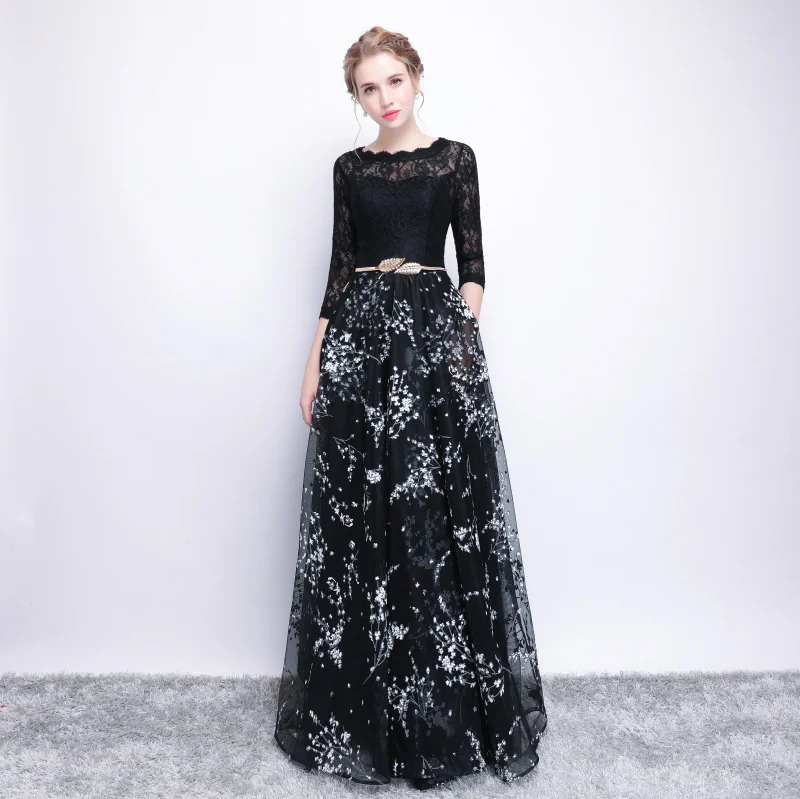 Ssyfashion новинка, вечернее платье, для банкета элегантный черный кружева шить 3/4 с длинными рукавами длиной до пола длинное платье на выпускной вечерние Robe De Soiree
