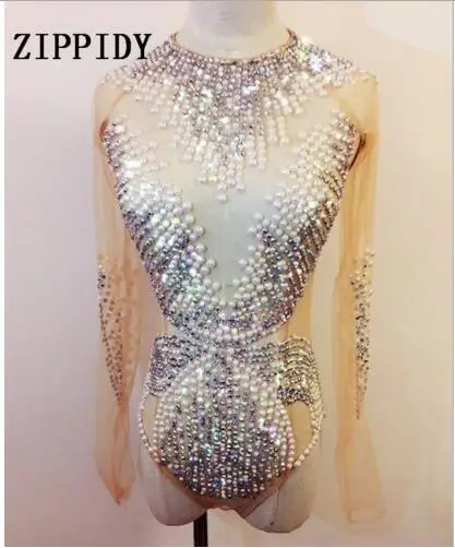 Fashion Shining Pearls Rhinestones Bodysuit Women's One-piece Mesh Stretch Outfit Sparkly Celebrate Crystals Costume