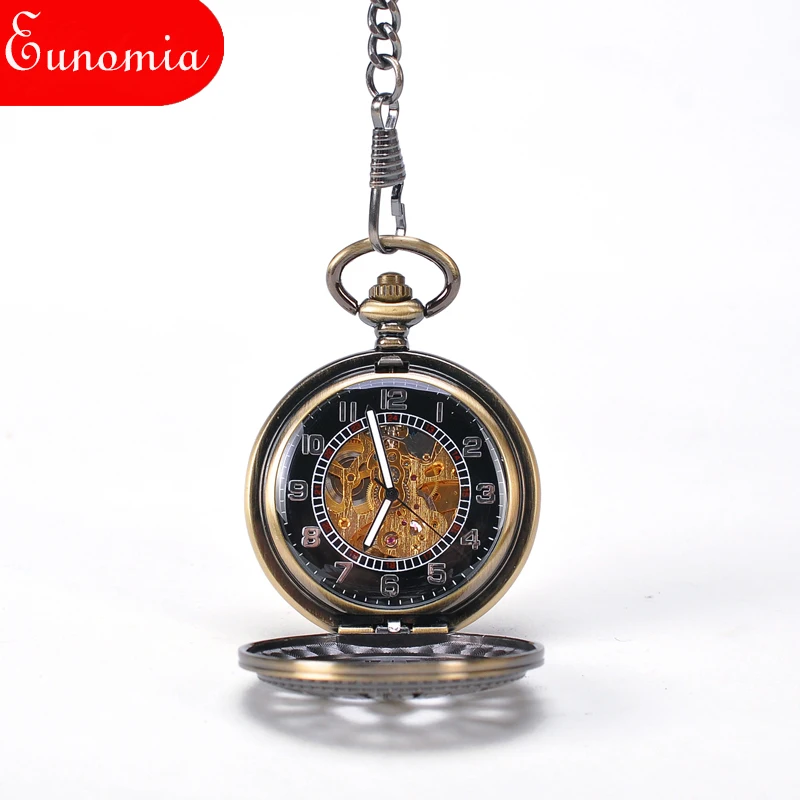 Poke Card Bronze Pirate Skull Round Mechanical Pocket Watch Automatic Self - Wind Vintage Antique Men Military | Наручные часы