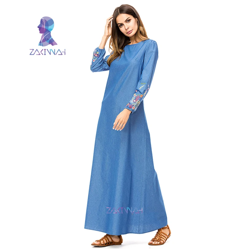 Платья с цветочной вышивкой мусульманское платье из джинсовой ткани Abayas для