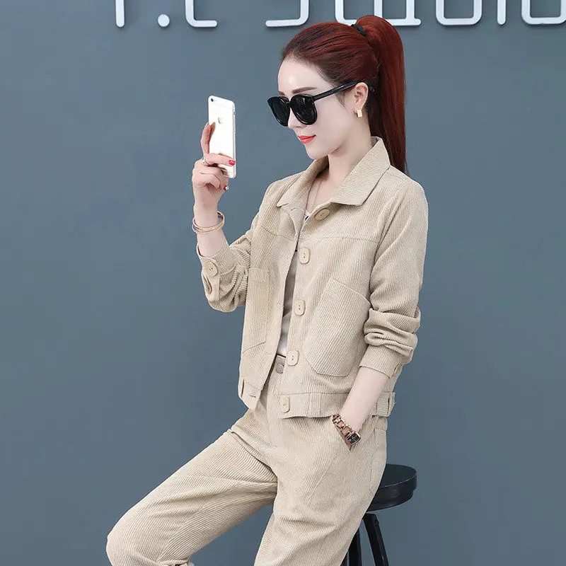 beige women sets Женские комплекты, Женская куртка и брюки, Вельветовая Женская одежда, топы и брюки, корейский стиль, тонкая весенняя/осенняя одежда - Цвет: beige women sets