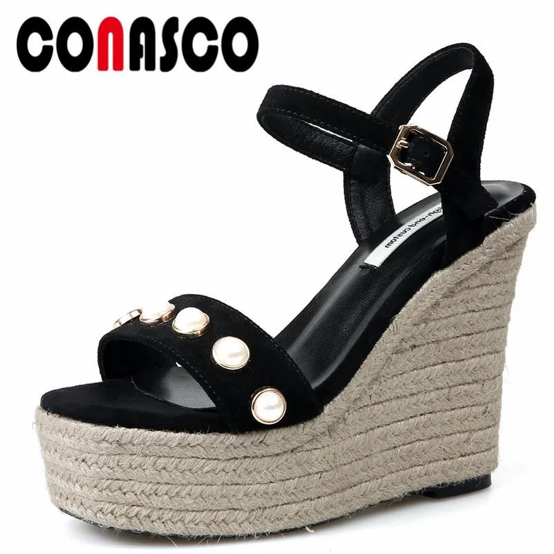 

CONASCO Fashion Women Wedges Sandals Cow Suede Summer Ankle Strap High heels Shoes Beading Platforms Casual Shoes Woman