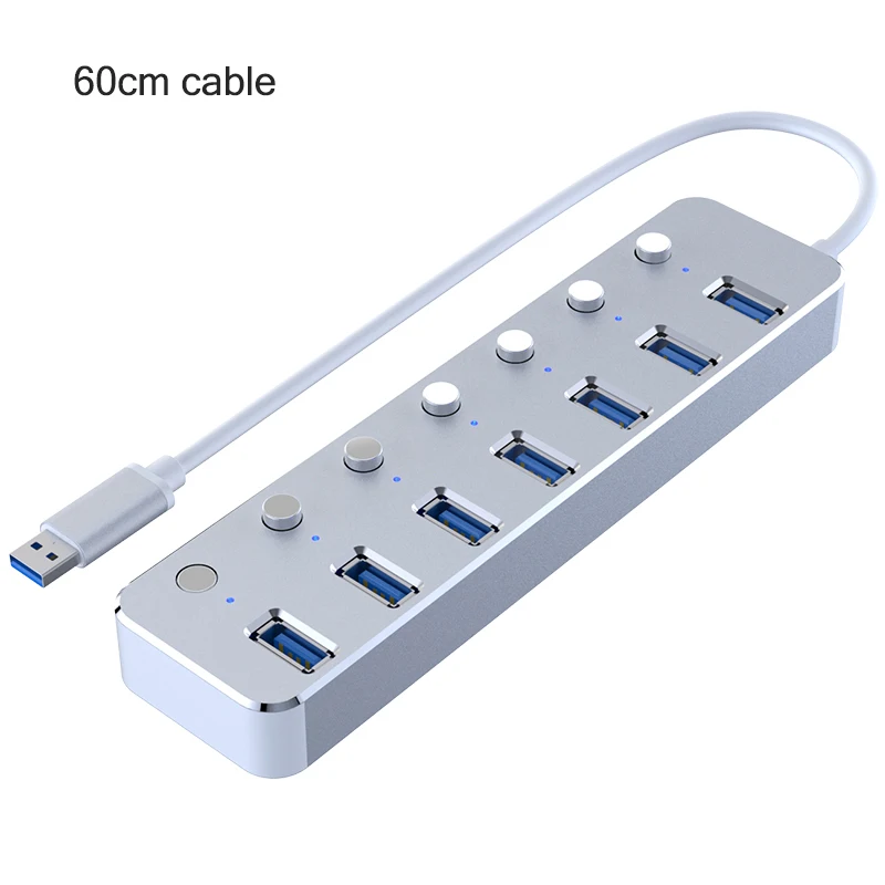 Алюминий 7-портовый концентратор USB 3,0 60/120 см составной детали спирального кабели управления переключатель 5 Гбит/с, светодиодный индикатор концентратор платные сплиттер для Мульти USB устройств - Цвет: Silver 60cm