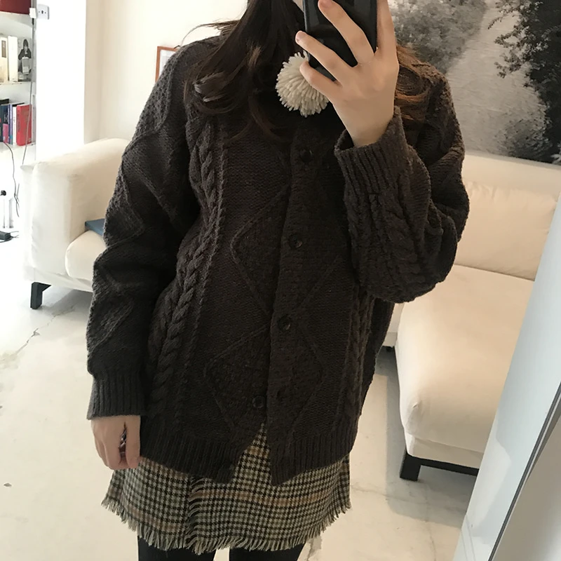 HziriP 2018 New Thick Twist Cardigan Sweater Autumn Winter Women Loose Knitted O-Neck Long-sleeved Female Sweaters Tops Solid |