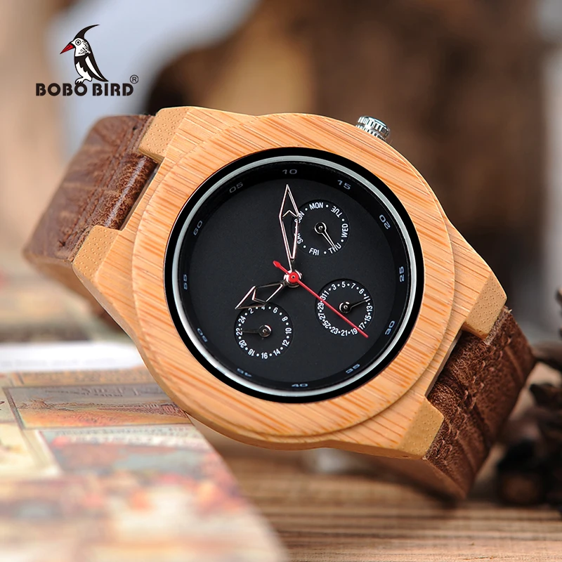 

Часы наручные BOBO BIRD с хронографом, в простом стиле, с коричневым кожаным ремешком, водонепроницаемые, J-H28