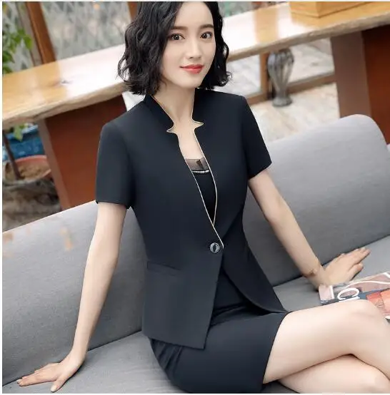 

Professional women skirt suit summer new V Neck short sleeve blazer and skirt fashion Slim interview formal plus size work wear