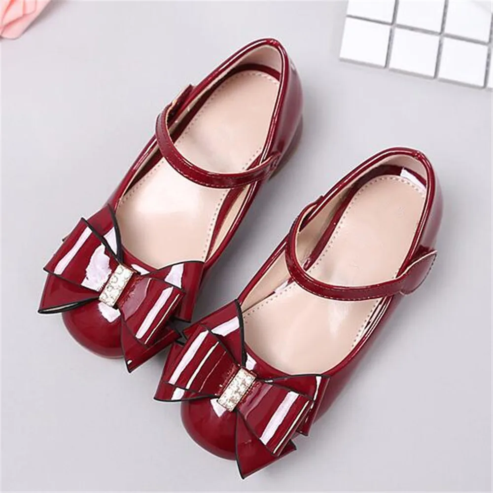 

New Children Leather Shoes Autumn Girls High heels Bowtie Princess Party Wedding Dance Shoes Student Kids Dress Black Shoes 019