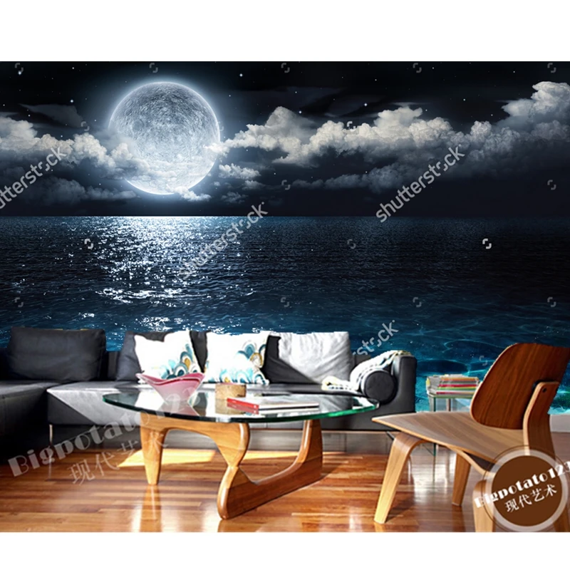 

Custom natural wallpaper,Romantic scenery full moon at sea to night,3D fantasy wallpaper for living room bedroom wall waterproof