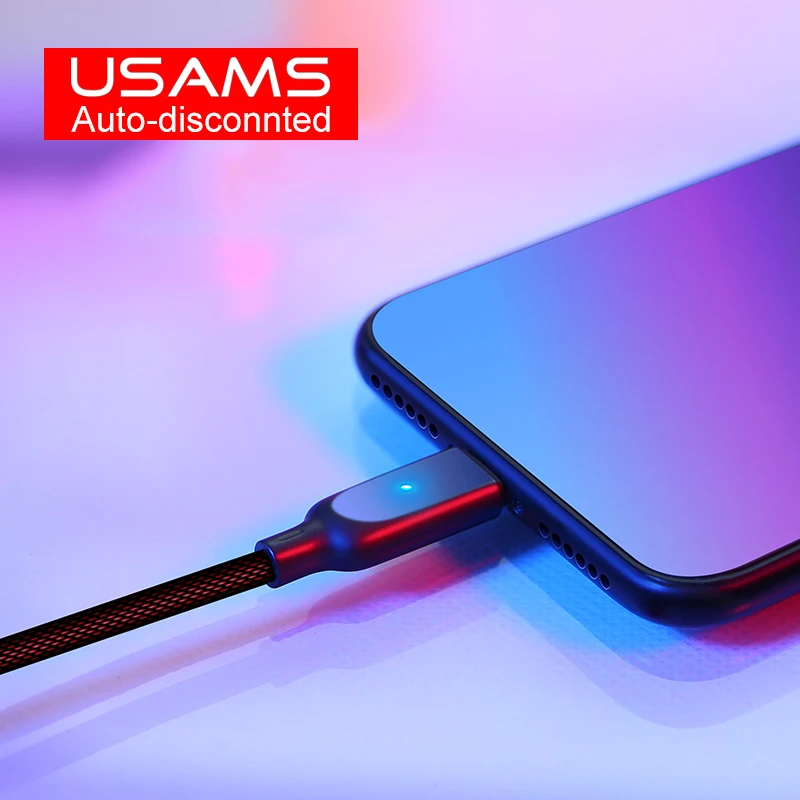 USAMS для iphone х кабель 8 7 6 S 5S Авто отключен нейлон плетеный свет IOS 11 10 9 Смарт
