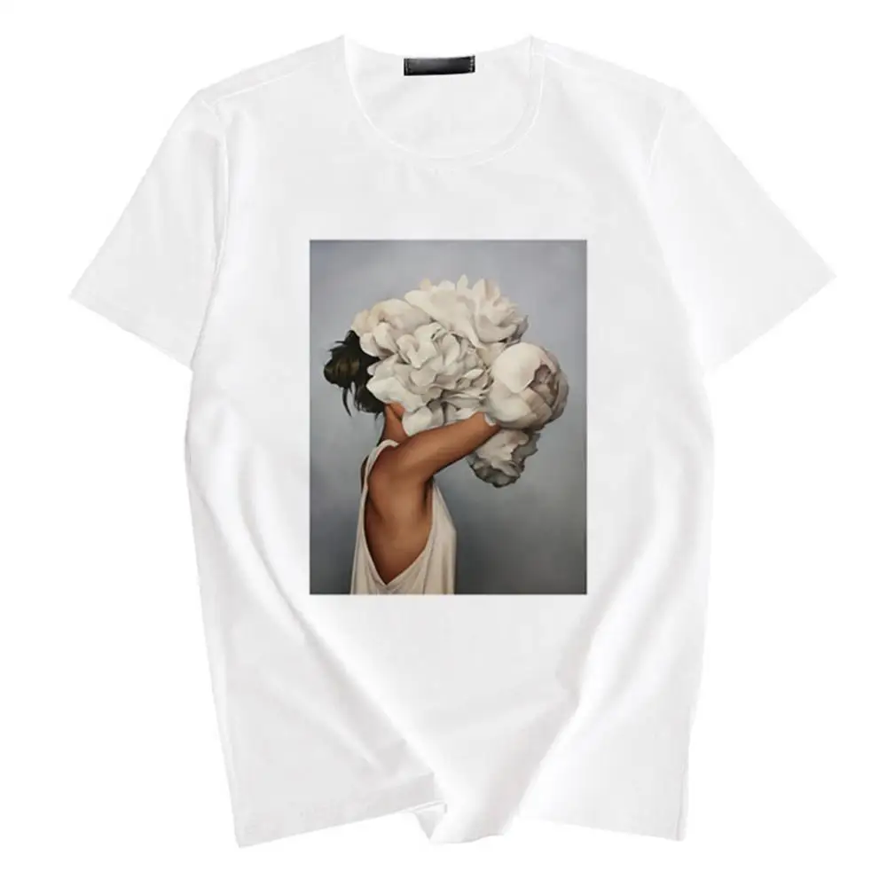 Хлопок Harajuku Эстетическая футболка сексуальные цветы перо печати короткий рукав